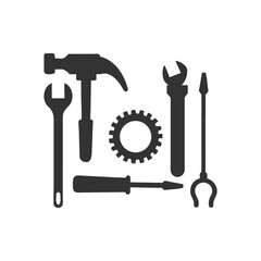 Professional tools collection vector – hammer, wrench, screwdriver, and gear combination illustration for construction, mechanic repair, workshop, and industrial engineering concept design.