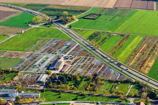Aerial view of a highway cutting through a patchwork of vibrant green and brown fields, with buildings nestled among trees, Rouffach, Grand Est, France.