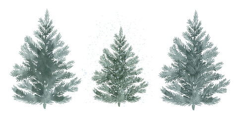 Watercolor Christmas trees PNG set. cute hand-painted festive illustrations of decorated trees with garlands, ornaments, and snow, perfect for cards, stickers, patterns, holiday decor, winter decor
