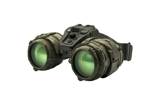Military night vision goggles with green lenses surveillance equipment optics technology gear isolated on transparent background