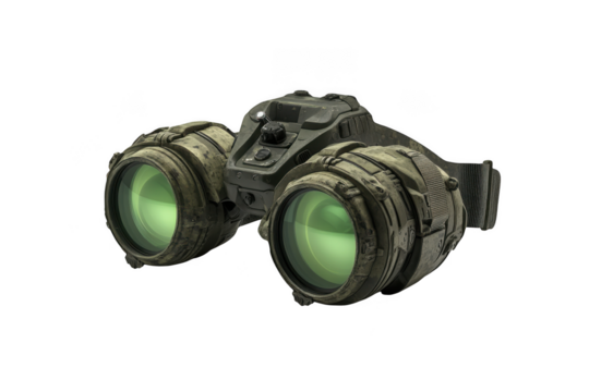 Military night vision goggles with green lenses surveillance equipment optics technology gear isolated on transparent background