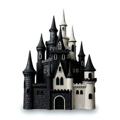 Enchanting black and white castle with glittering towers, perfect for fairy tales, fantasy games, and magical Halloween celebrations