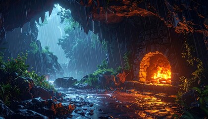 Rain cascades into a cave, illuminating a flowing river and a warm fireplace. Vegetation and rocks border the waters in a dim scene