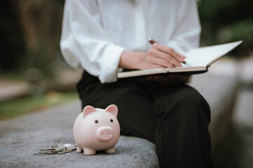 A woman wearing a white shirt is saving money by putting a coin into a pink piggy bank, symbolizing financial planning and saving for the future.