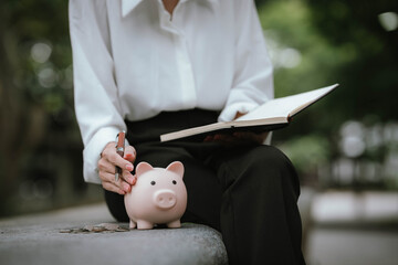 A woman wearing a white shirt is saving money by putting a coin into a pink piggy bank, symbolizing financial planning and saving for the future.