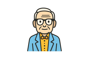 Obraz premium Friendly elderly man in glasses wearing a blue suit with a bow tie. Colorful vector