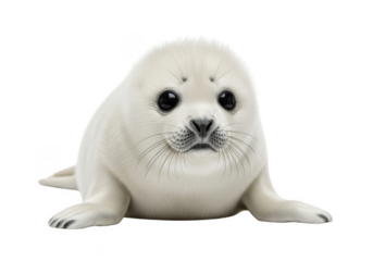 Cute baby harp seal pup lying down adorable marine animal wildlife sea ocean mammal isolated on transparent background