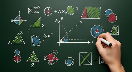 Hand drawing mathematical formulas and geometric shapes on a chalkboard