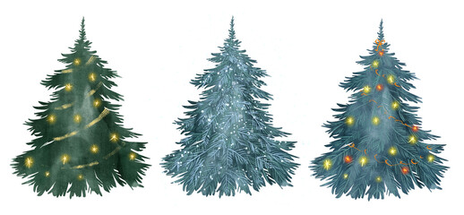 Watercolor Christmas trees PNG set. cute hand-painted festive illustrations of decorated trees with garlands, ornaments, and snow, perfect for cards, stickers, patterns, holiday decor, winter decor