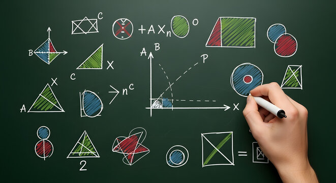 Hand drawing mathematical formulas and geometric shapes on a chalkboard