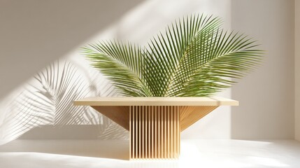 Modern Wooden Table With Green Foliage And Sunlight