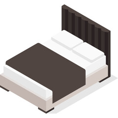 Isometric Brown and Beige Bed With White Linens and Dark Headboard and Shadow On Transparent Background