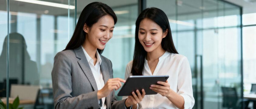 Two smiling professional women review information on a tablet in a glass-walled office, representing leadership, collaboration, and women's empowerment in business.
