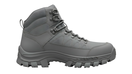 Rugged outdoor boot rendered in monochrome gray against a solid black background