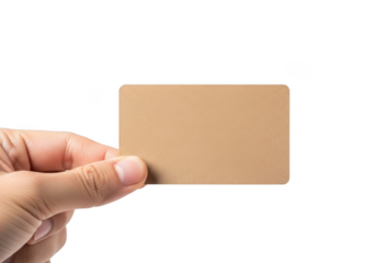 Hand holding beige card mockup template blank business name tag gift certificate voucher isolated on transparent background