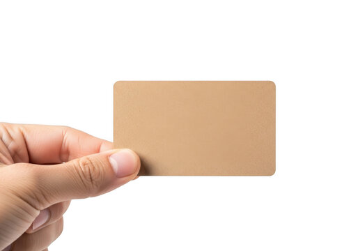 Hand holding beige card mockup template blank business name tag gift certificate voucher isolated on transparent background