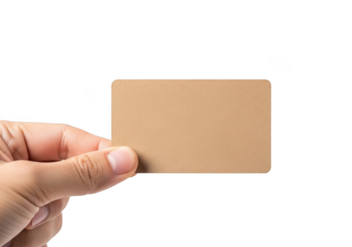 Hand holding beige card mockup template blank business name tag gift certificate voucher isolated on transparent background