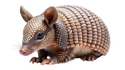 A small, cute armadillo with its armored shell is shown isolated on a transparent background, highlighting its unique texture and features