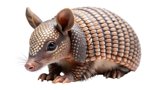 A small, cute armadillo with its armored shell is shown isolated on a transparent background, highlighting its unique texture and features