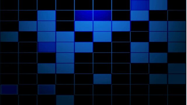  blue background of many rectangles that keep flashing and  randomly Blinking scatter light enhances  abstract geometric pattern resembling pixelated blinking rectangles or blocks. Suitable for tech