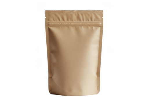 Kraft paper pouch mockup, stand up zipper bag, food packaging, coffee bean package, tea bag, product mockup, brown paper bag isolated on transparent background - Powered by Adobe