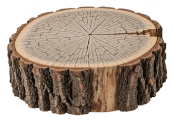 Detailed wood log slice texture, tree trunk stump cross section, wooden cut timber, natural isolated on transparent background