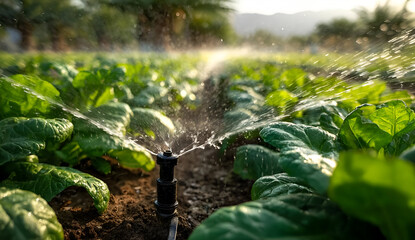 Irrigation system watering vibrant green vegetable plants on a sunny day, showcasing sustainable agriculture practices.