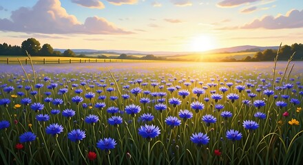 Serene Blue Background of a Field of Cornflowers Under a Golden Sunset