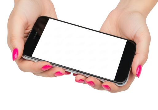 Hands holding smartphone mobile phone device mockup template display screen technology isolated on transparent background