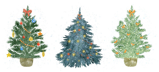 Watercolor Christmas trees PNG set. cute hand-painted festive illustrations of decorated trees with garlands, ornaments, and snow, perfect for cards, stickers, patterns, holiday decor, winter decor