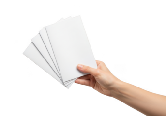 Hand holding white blank envelopes, invitation mockup, stationery, paper, mail, letters, isolated on transparent background
