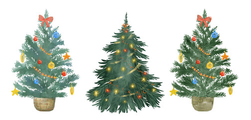 Watercolor Christmas trees PNG set. cute hand-painted festive illustrations of decorated trees with garlands, ornaments, and snow, perfect for cards, stickers, patterns, holiday decor, winter decor