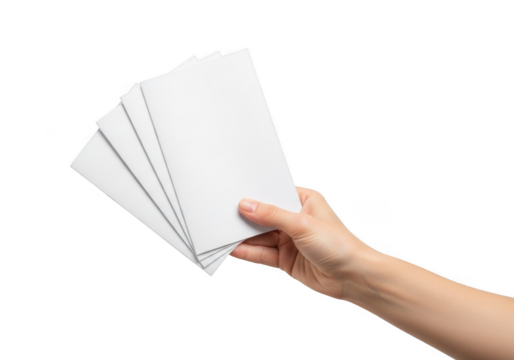 Hand holding white blank envelopes, invitation mockup, stationery, paper, mail, letters, isolated on transparent background