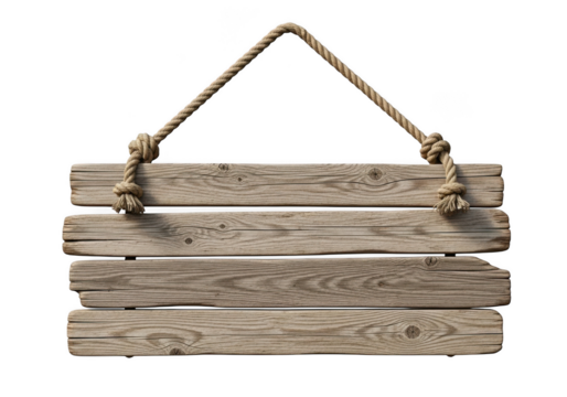 Rustic wooden sign hanging with rope, plank wood texture background, banner, billboard, advertisement, isolated on transparent background