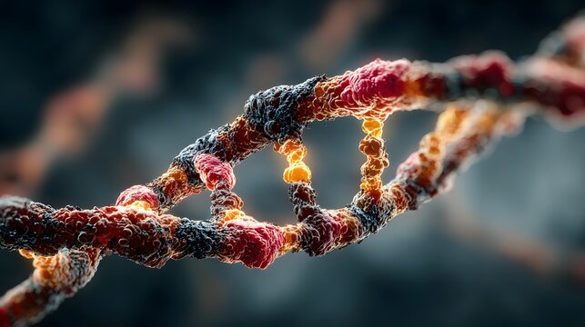 Close-up of a textured DNA double helix structure glowing with vibrant orange and red tones.