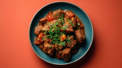 Fototapeta premium Delicious Beef Stew With Tomatoes and Fresh Herbs is Served in a Blue Bowl on a Colorful Surface