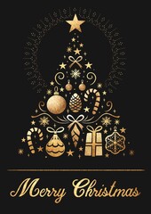 Merry Christmas Luxury Gold greeting card design, stylized christmas tree on decorative background, golden elements, star, ball sphere, baubles, pine cone, ribbons, presents, decorations