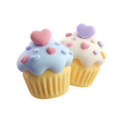 Two clay pastel cupcakes decorated with hearts symbolizing sweet love and romance