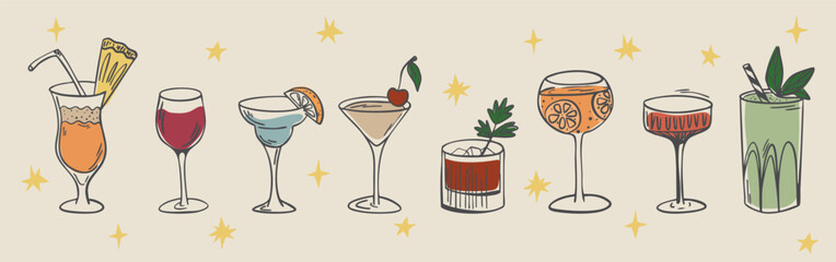 Colorful hand drawn cocktail glasses set, vector illustration of mixed drinks and alcoholic beverages on light background