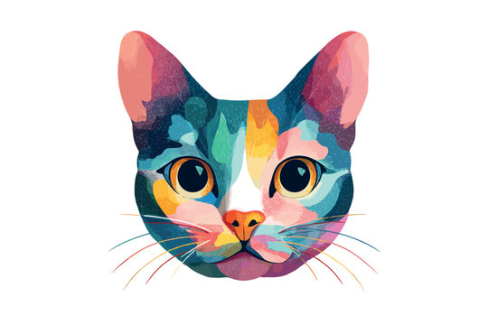Colorful cat face design for home decor and art projects. Colorful vector