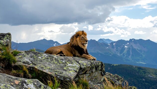 Regal lion resting on a rocky outcrop, mountains in the background under a cloudy sky - Powered by Adobe