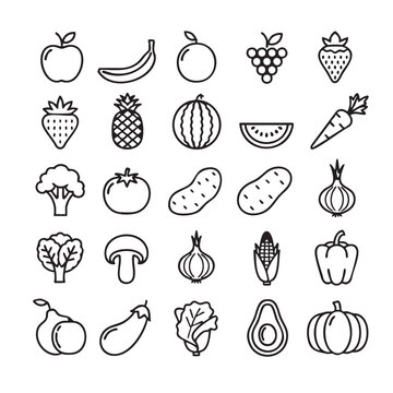 Black and white fruit and vegetable line drawing illustration vector