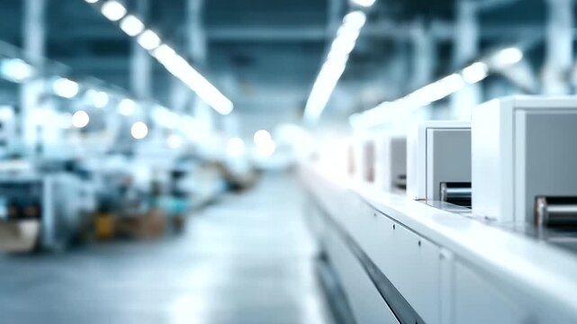 Large format printing factory interior with defocused equipment, faceless industrial space, production visualization detail, blurred machinery background, commercial printing conce