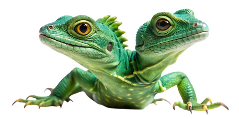 A vibrant green lizard with two heads, captured in a studio setting and isolated on a clean transparent background, showcasing its unique reptilian features and striking coloration