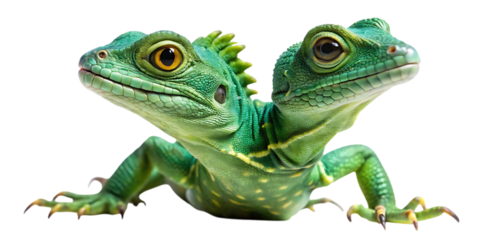 A vibrant green lizard with two heads, captured in a studio setting and isolated on a clean transparent background, showcasing its unique reptilian features and striking coloration