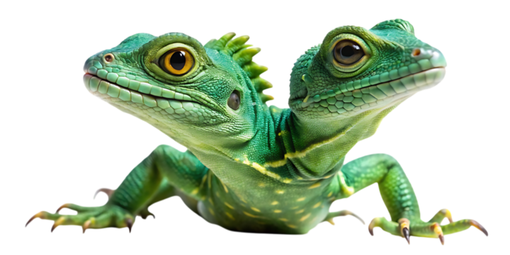 A vibrant green lizard with two heads, captured in a studio setting and isolated on a clean transparent background, showcasing its unique reptilian features and striking coloration