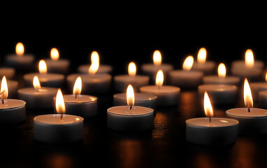 A soothing arrangement of burning candles creating a serene atmosphere against a dark background.