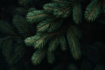 Obraz premium Close-up of lush green pine tree branches against a dark background, showcasing detailed needle textures.