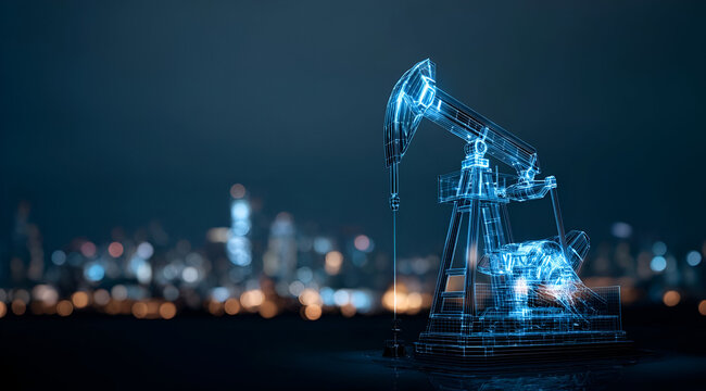 A futuristic oil drilling rig illuminated in blue, set against a vibrant city skyline at night.
