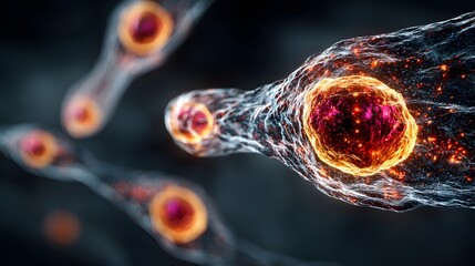 Cellular structures illuminated with vibrant energy glow, microscopic view.